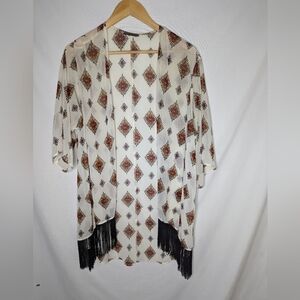 West Kei Tribal Print Fringe Lined Sheer Kimono One Size Fits Most